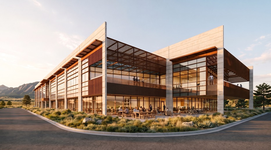 Concept rendering of a GLO Park building with mountains in the background
